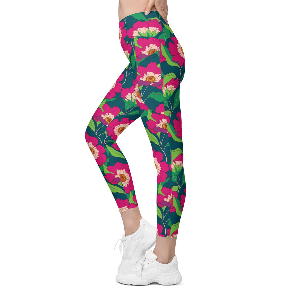 Floral Magenta Crossover Leggings With Pockets