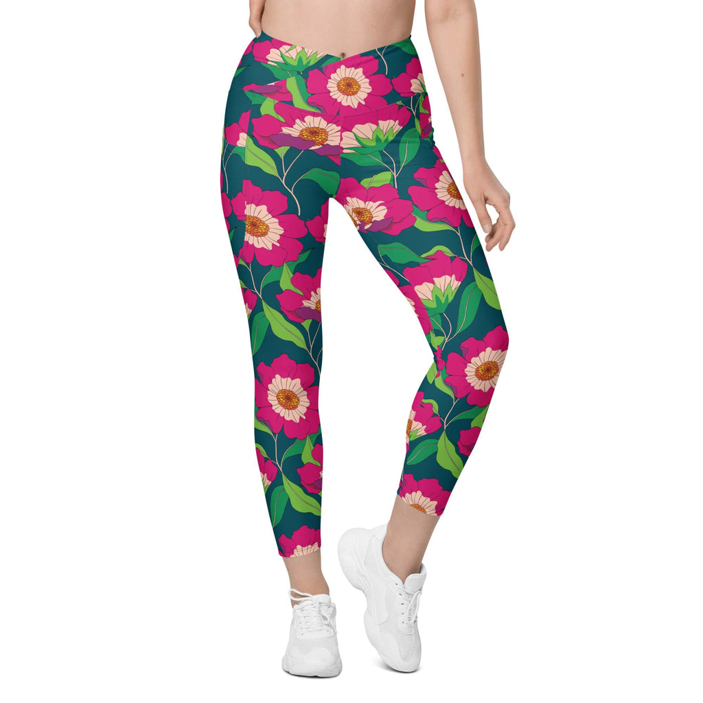 Floral Magenta Crossover Leggings With Pockets