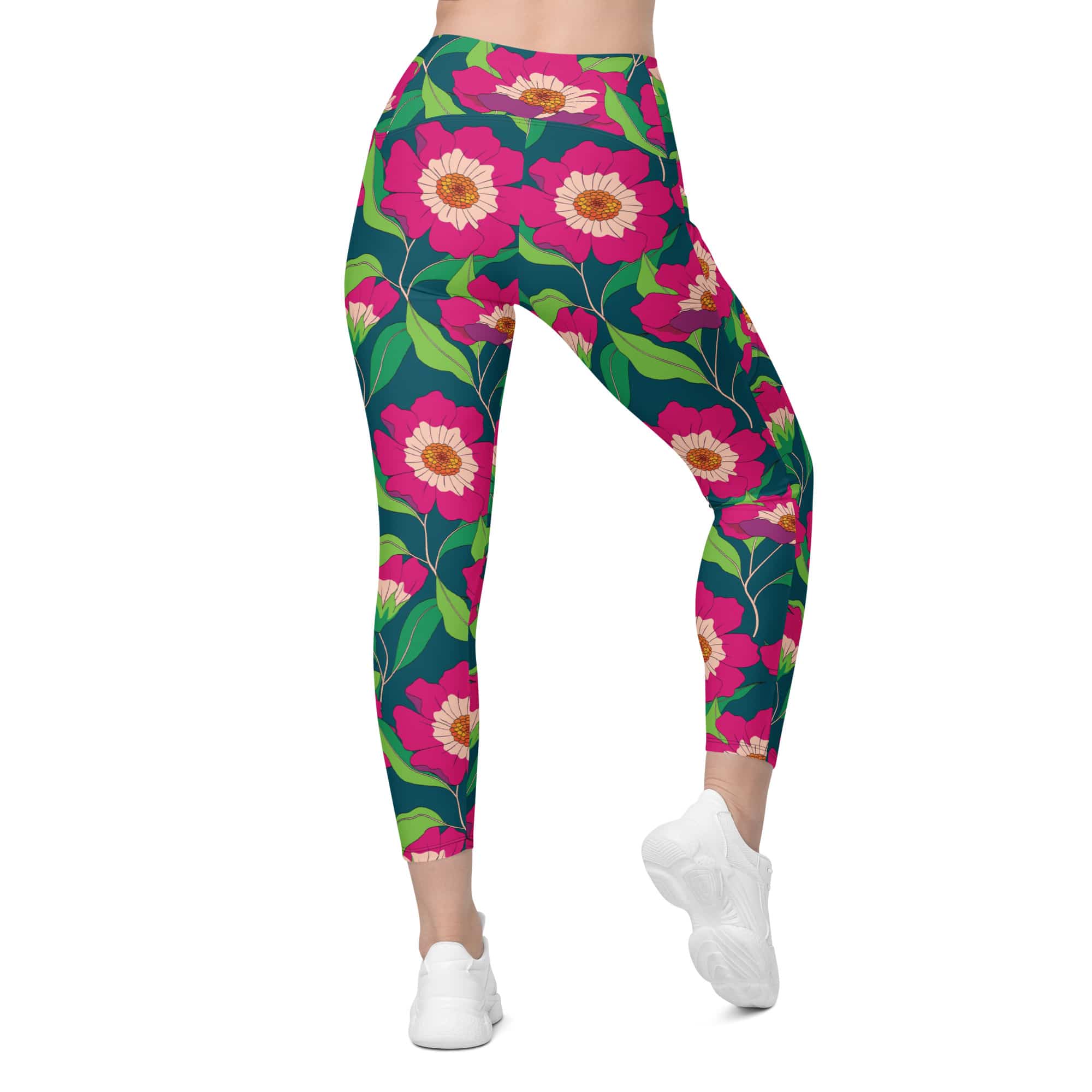 Floral Magenta Crossover Leggings With Pockets