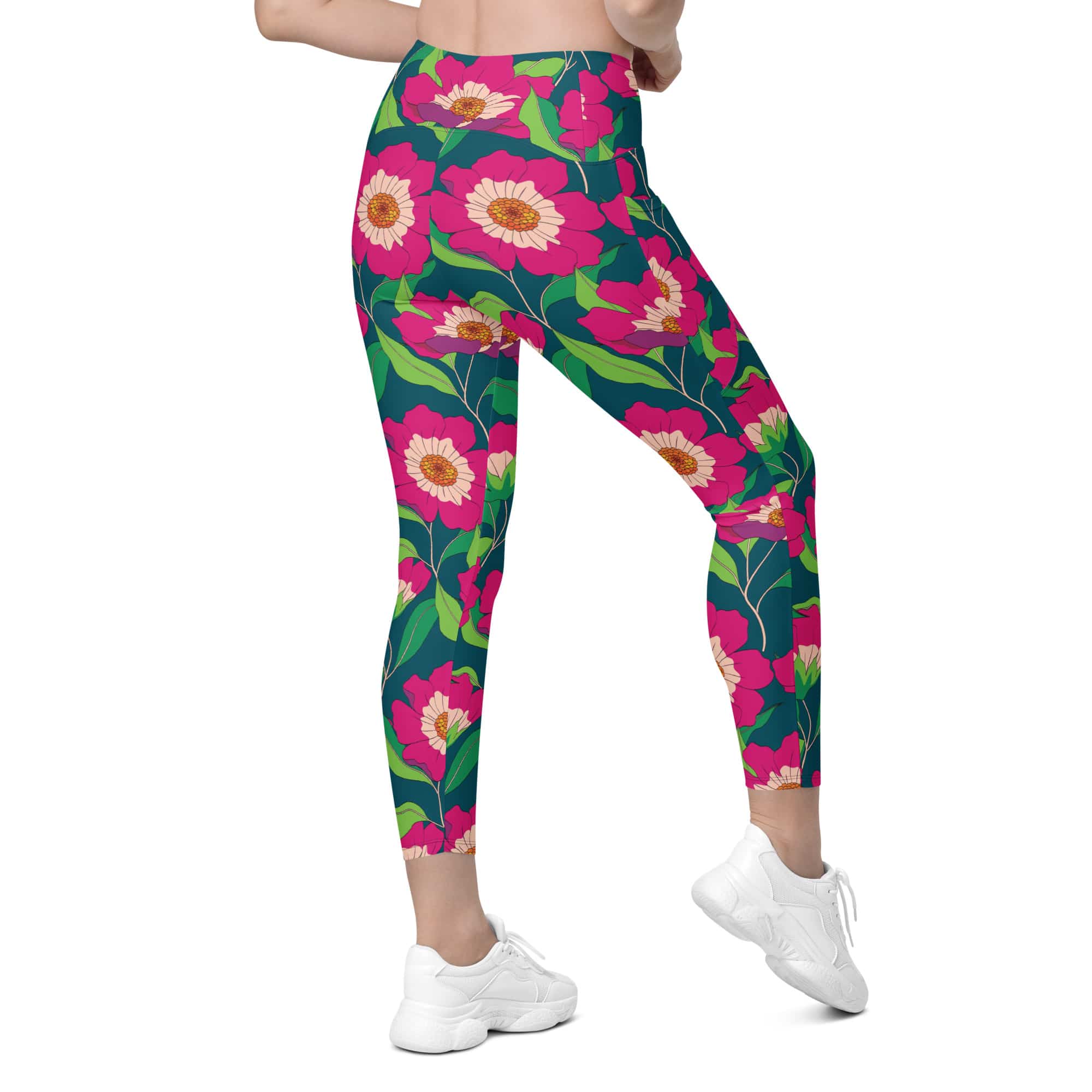 Floral Magenta Crossover Leggings With Pockets