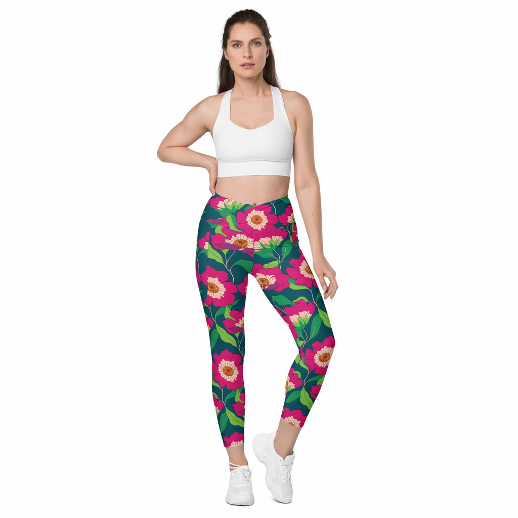Floral Magenta Crossover Leggings With Pockets