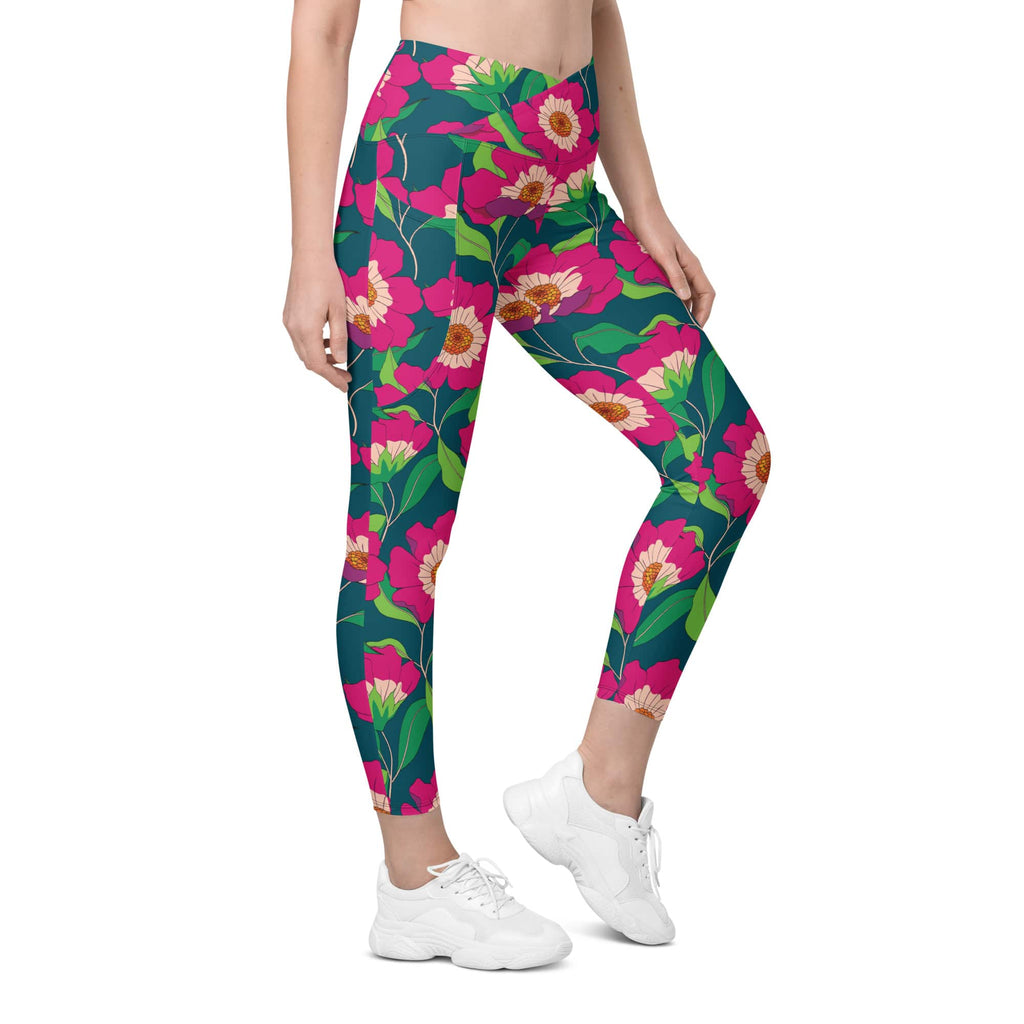 Floral Magenta Crossover Leggings With Pockets