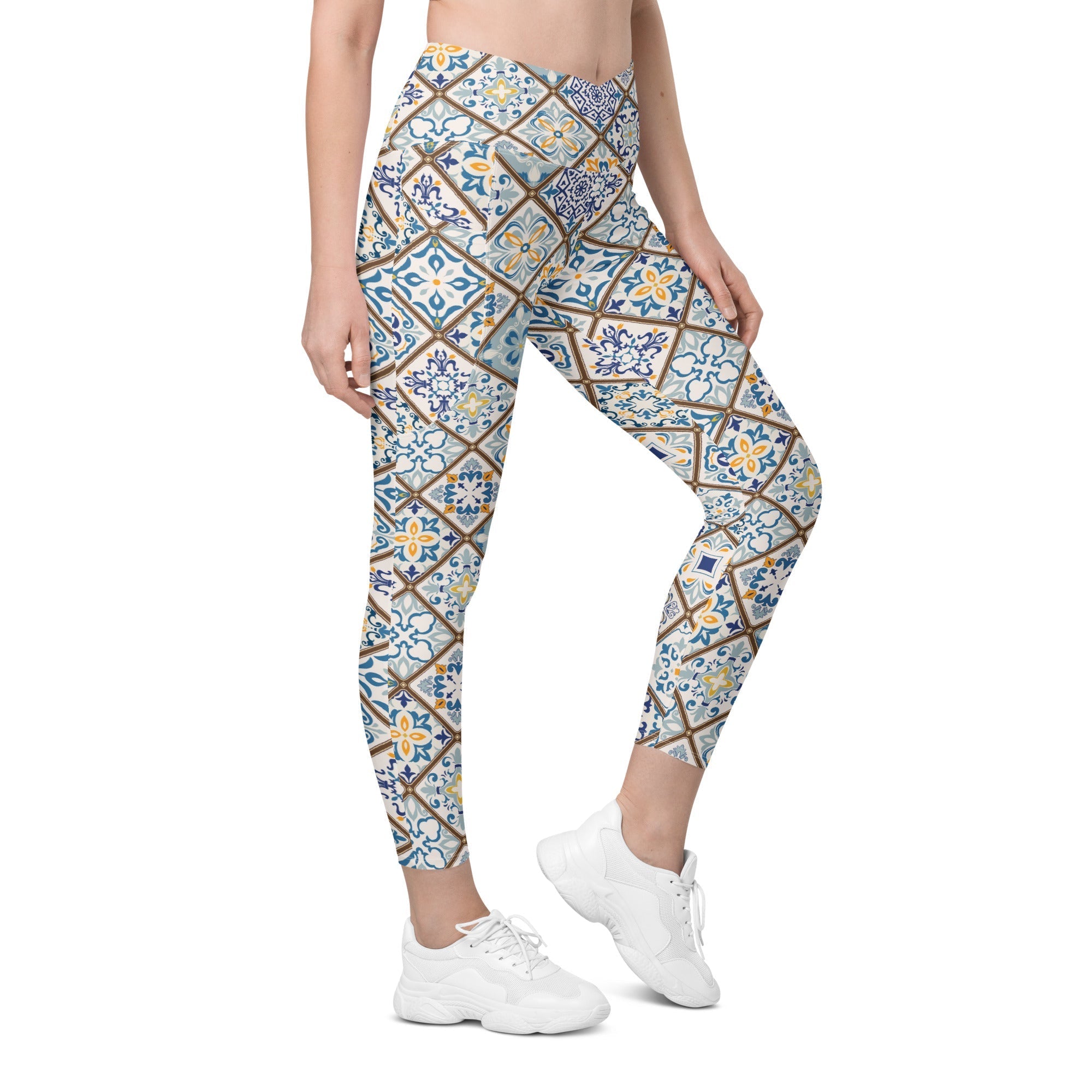 Floral Tile Print Crossover Leggings With Pockets