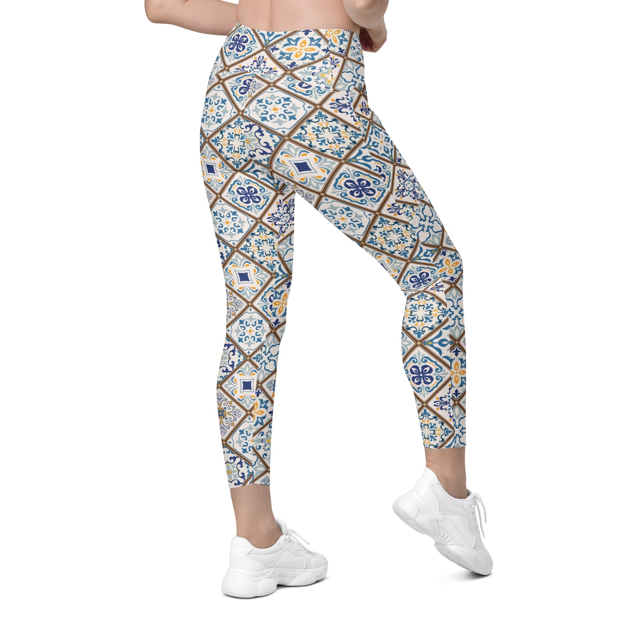 Floral Tile Print Crossover Leggings With Pockets