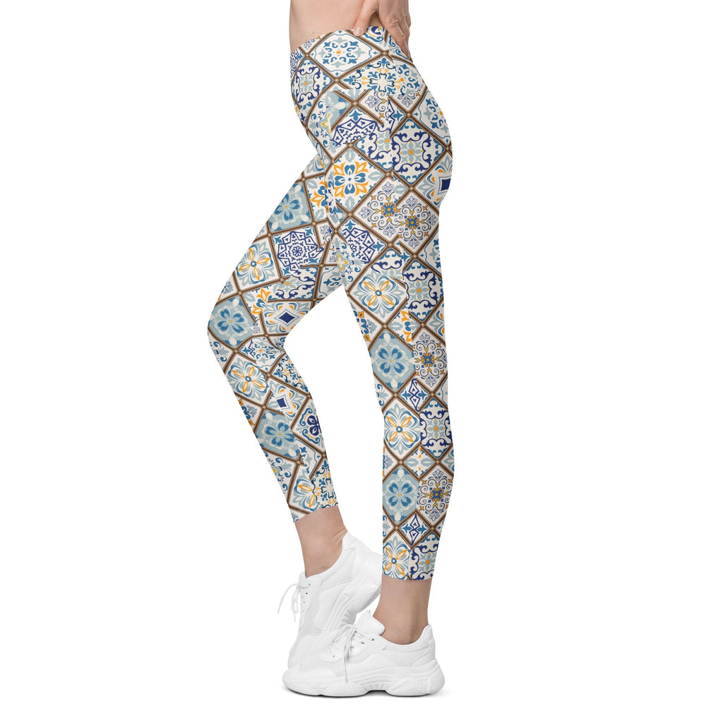 Floral Tile Print Crossover Leggings With Pockets