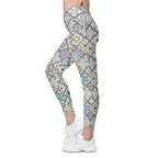 Floral Tile Print Crossover Leggings With Pockets