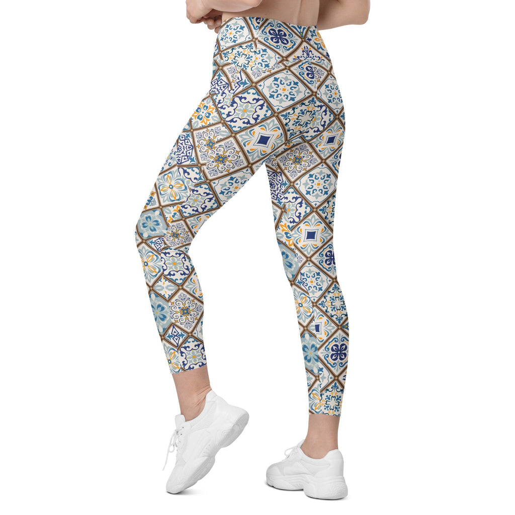 Floral Tile Print Crossover Leggings With Pockets