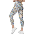Floral Tile Print Crossover Leggings With Pockets