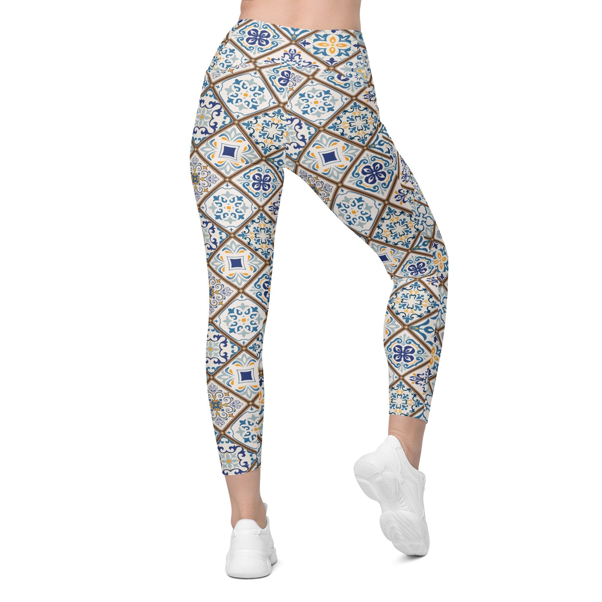 Floral Tile Print Crossover Leggings With Pockets