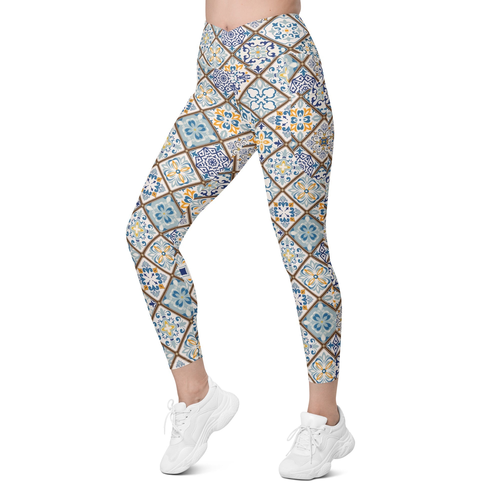 Floral Tile Print Crossover Leggings With Pockets