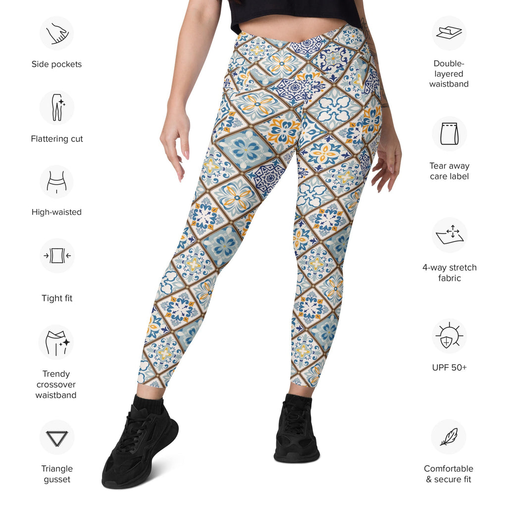 Floral Tile Print Crossover Leggings With Pockets