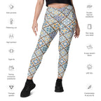 Floral Tile Print Crossover Leggings With Pockets