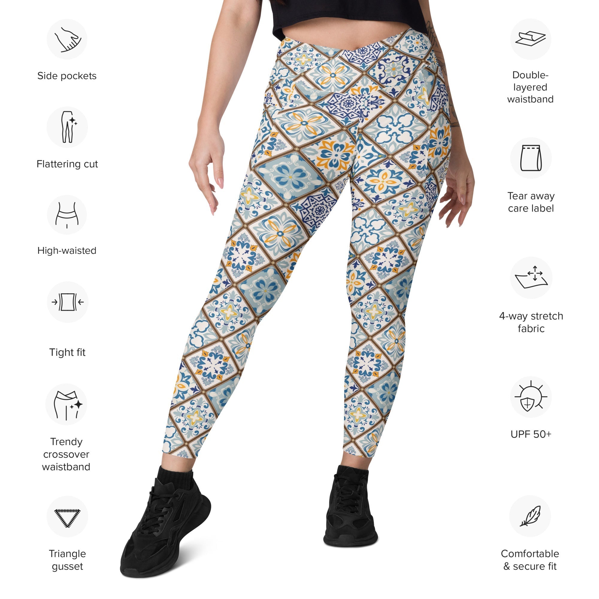 Floral Tile Print Crossover Leggings With Pockets