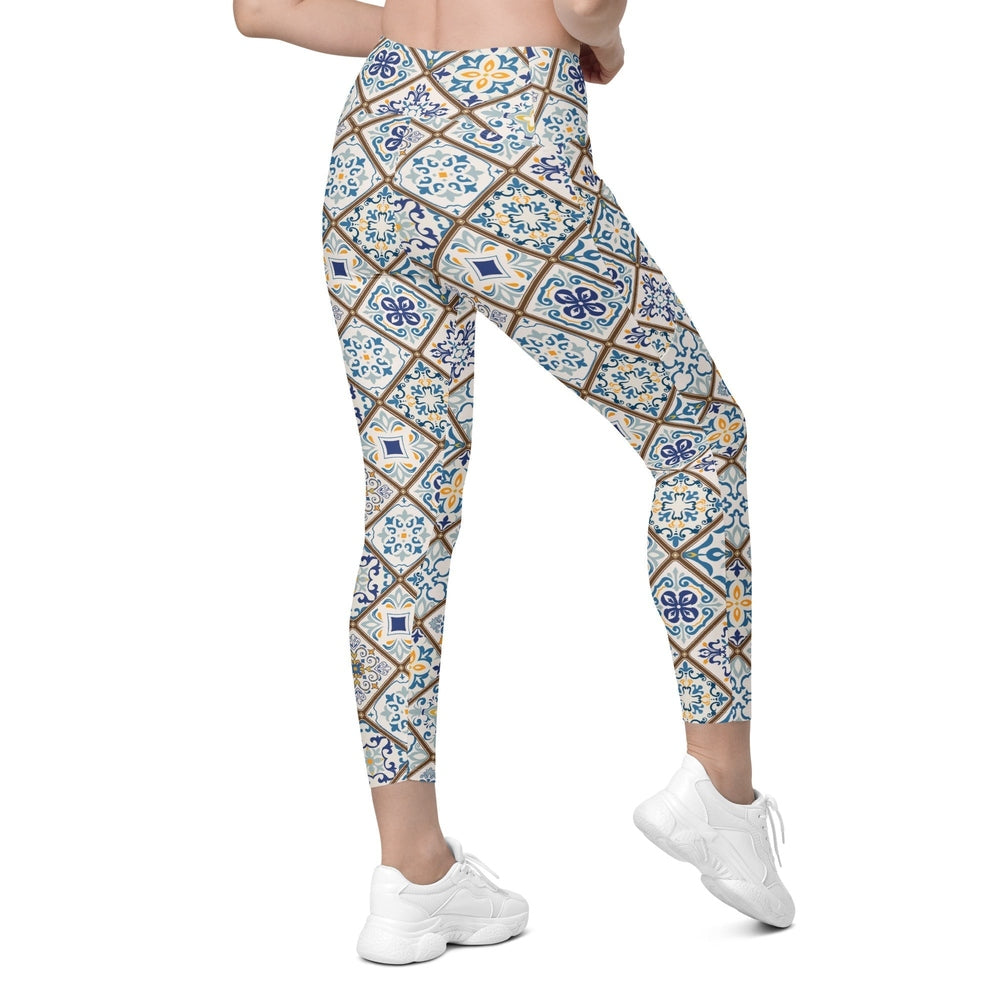 Floral Tile Print Leggings With Pockets