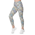 Floral Tile Print Leggings With Pockets