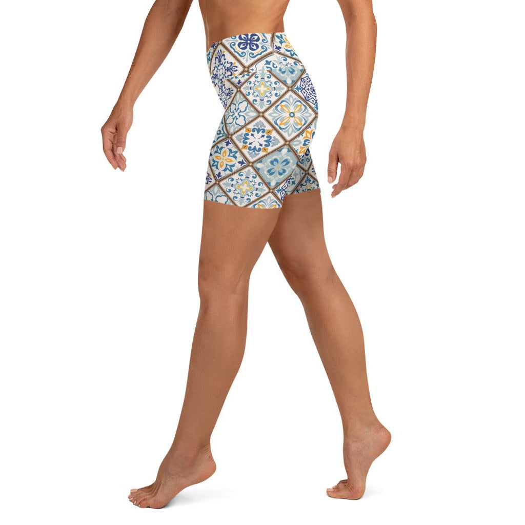 Floral Tile Print Yoga Shorts