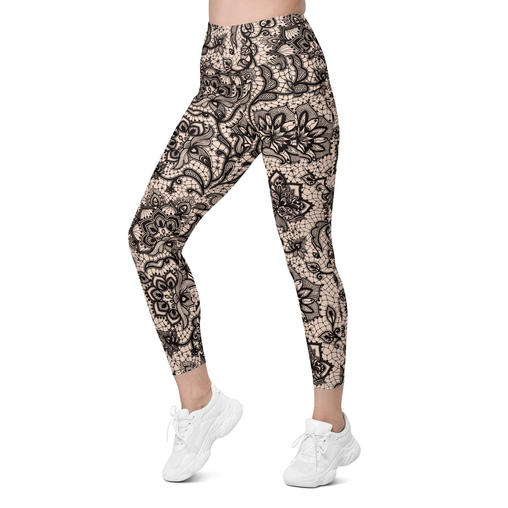 Flower Lace Print Leggings With Pockets