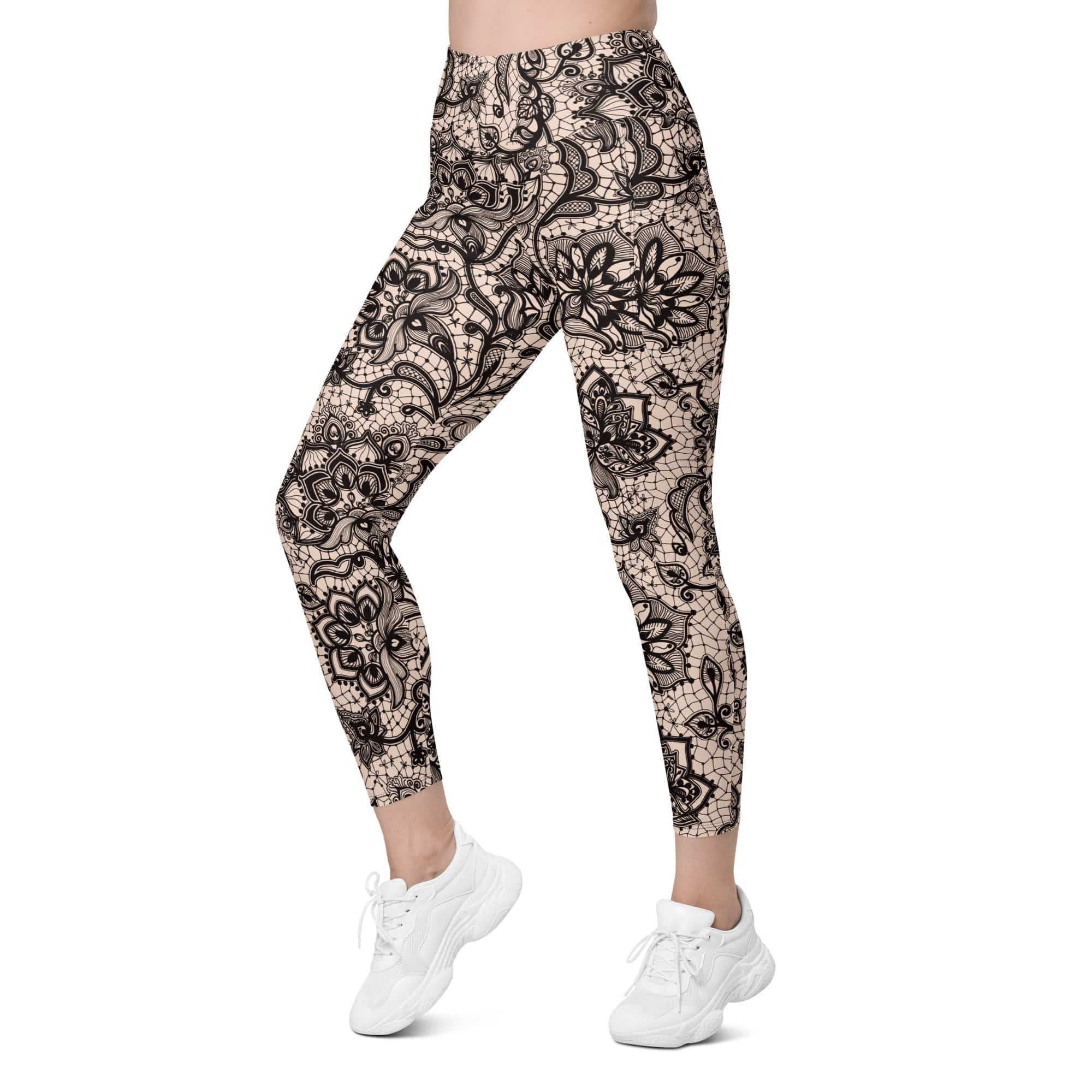 Flower Lace Print Leggings With Pockets