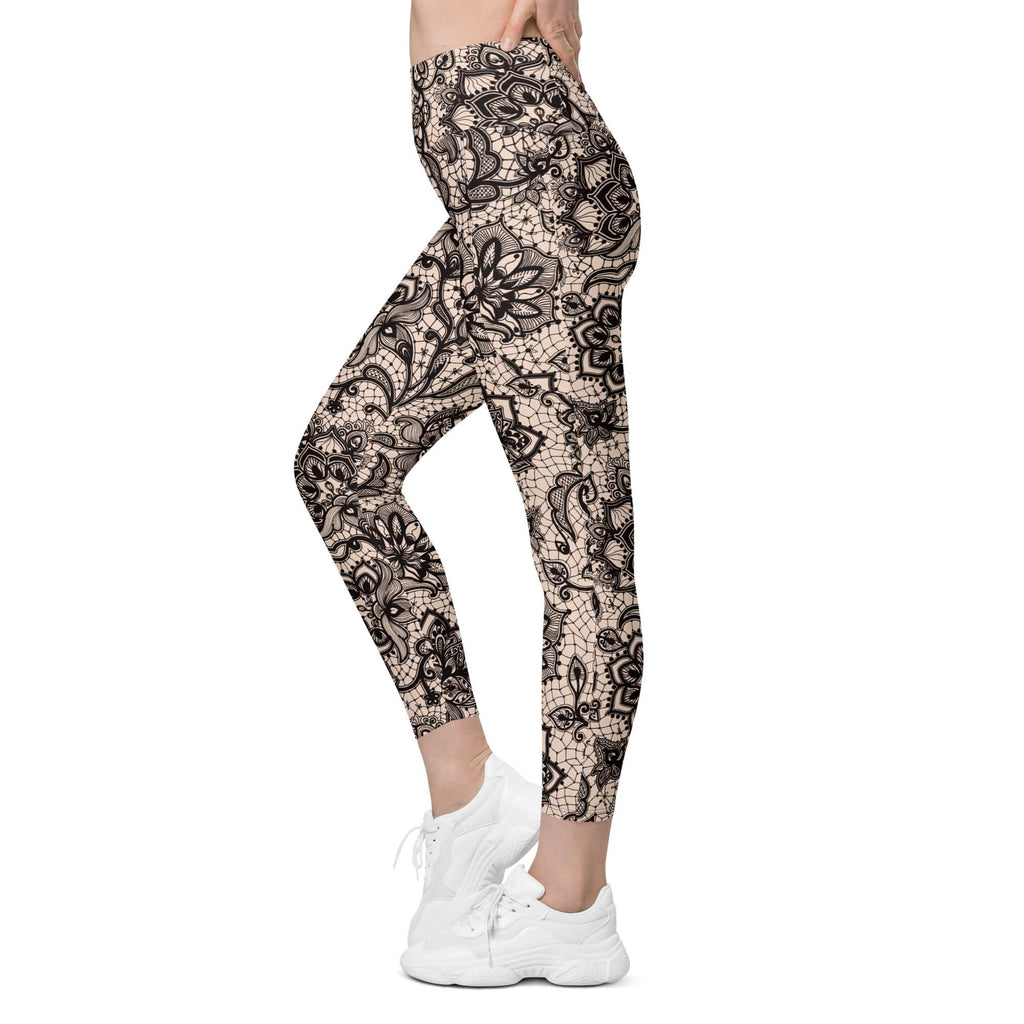 Flower Lace Print Leggings With Pockets