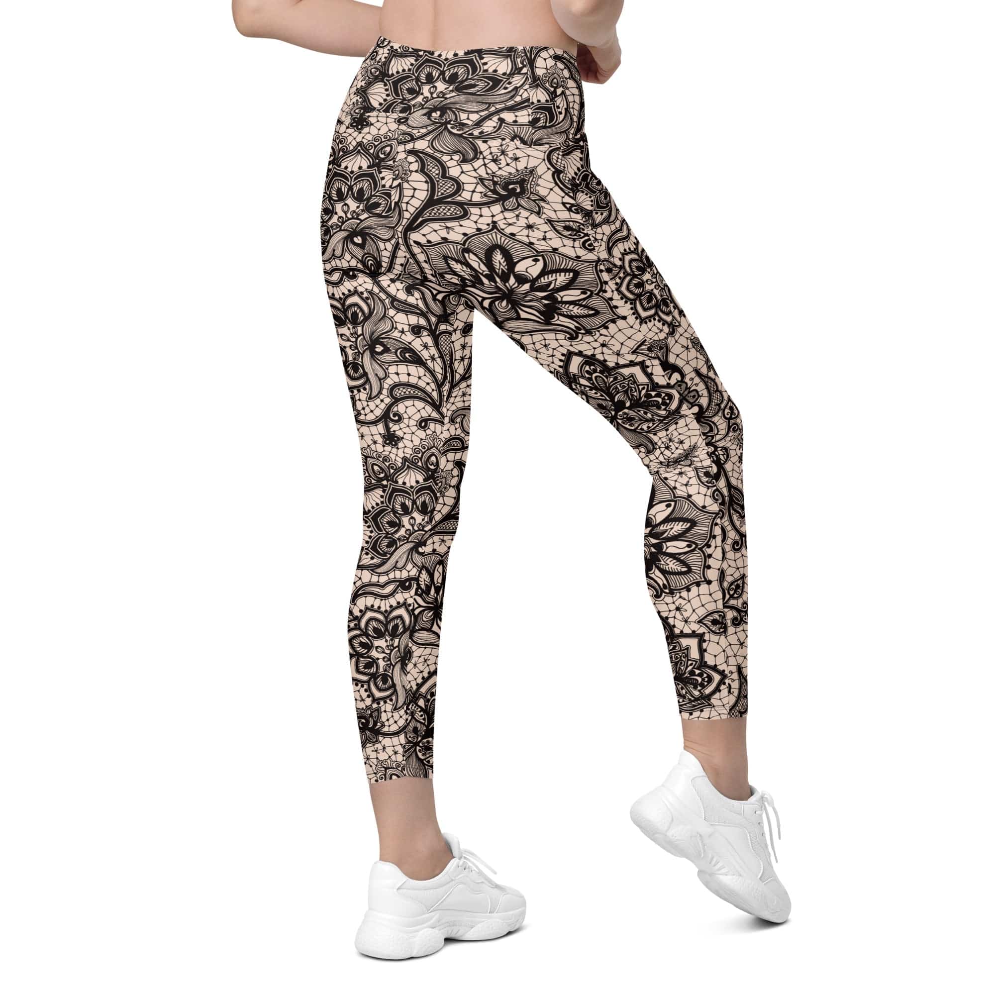 Flower Lace Print Leggings With Pockets
