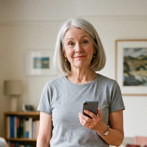 A woman at home holding her phone