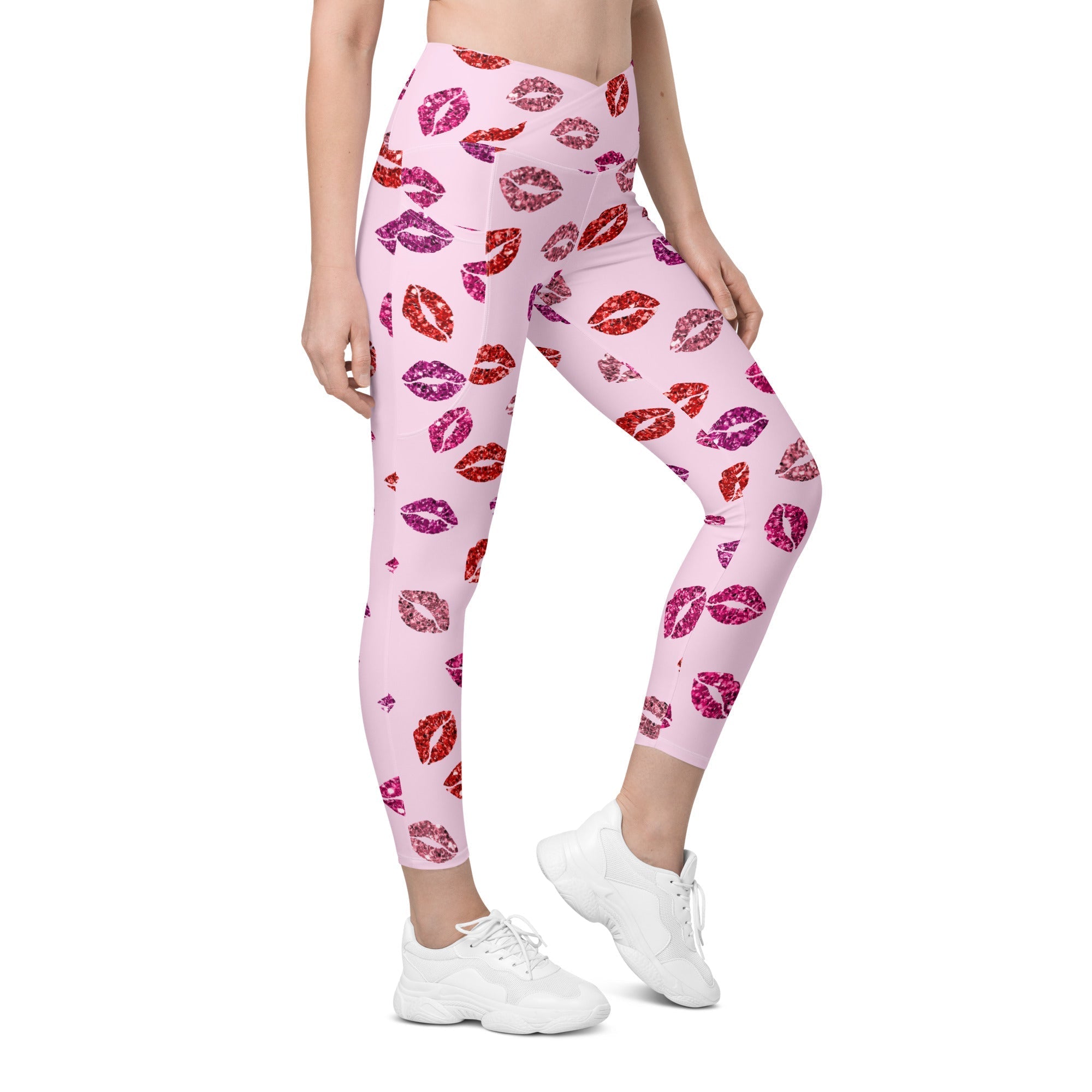 Glitter Print Kisses Crossover Leggings With Pockets