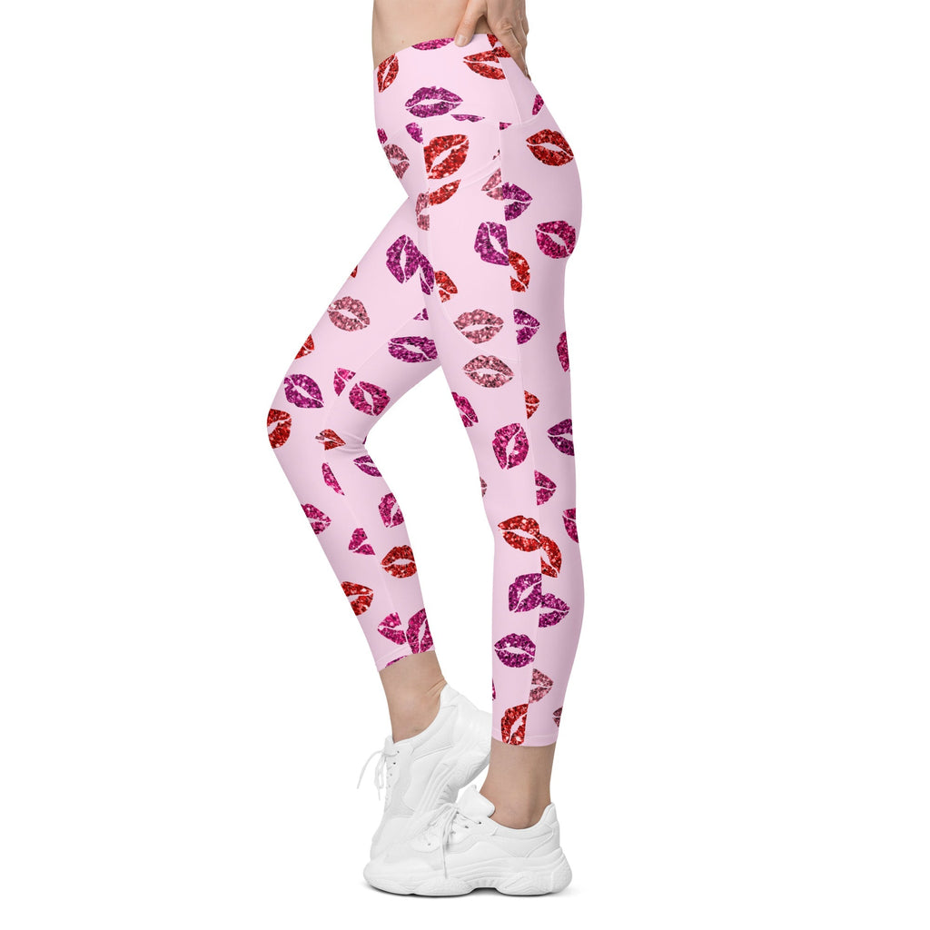 Glitter Print Kisses Crossover Leggings With Pockets