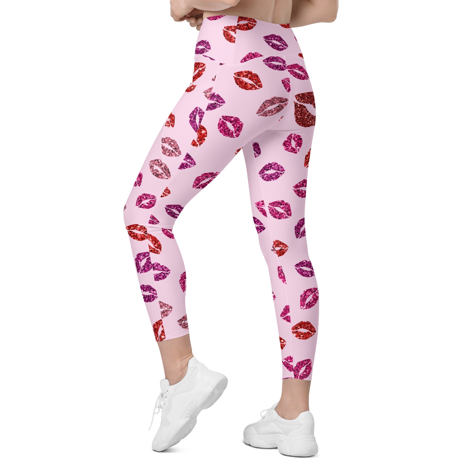 Glitter Print Kisses Crossover Leggings With Pockets