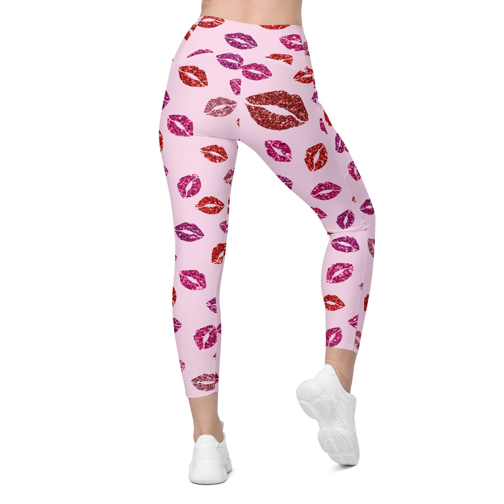 Glitter Print Kisses Crossover Leggings With Pockets