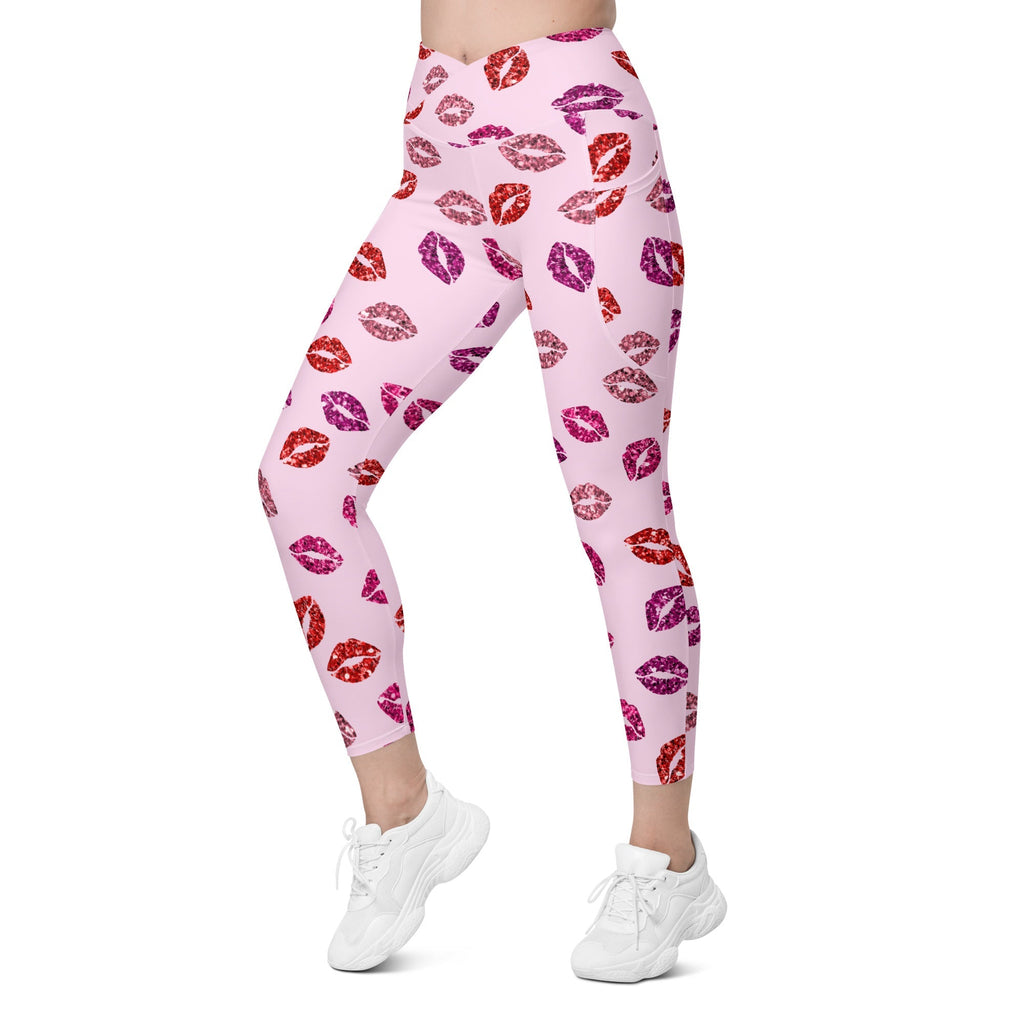 Glitter Print Kisses Crossover Leggings With Pockets