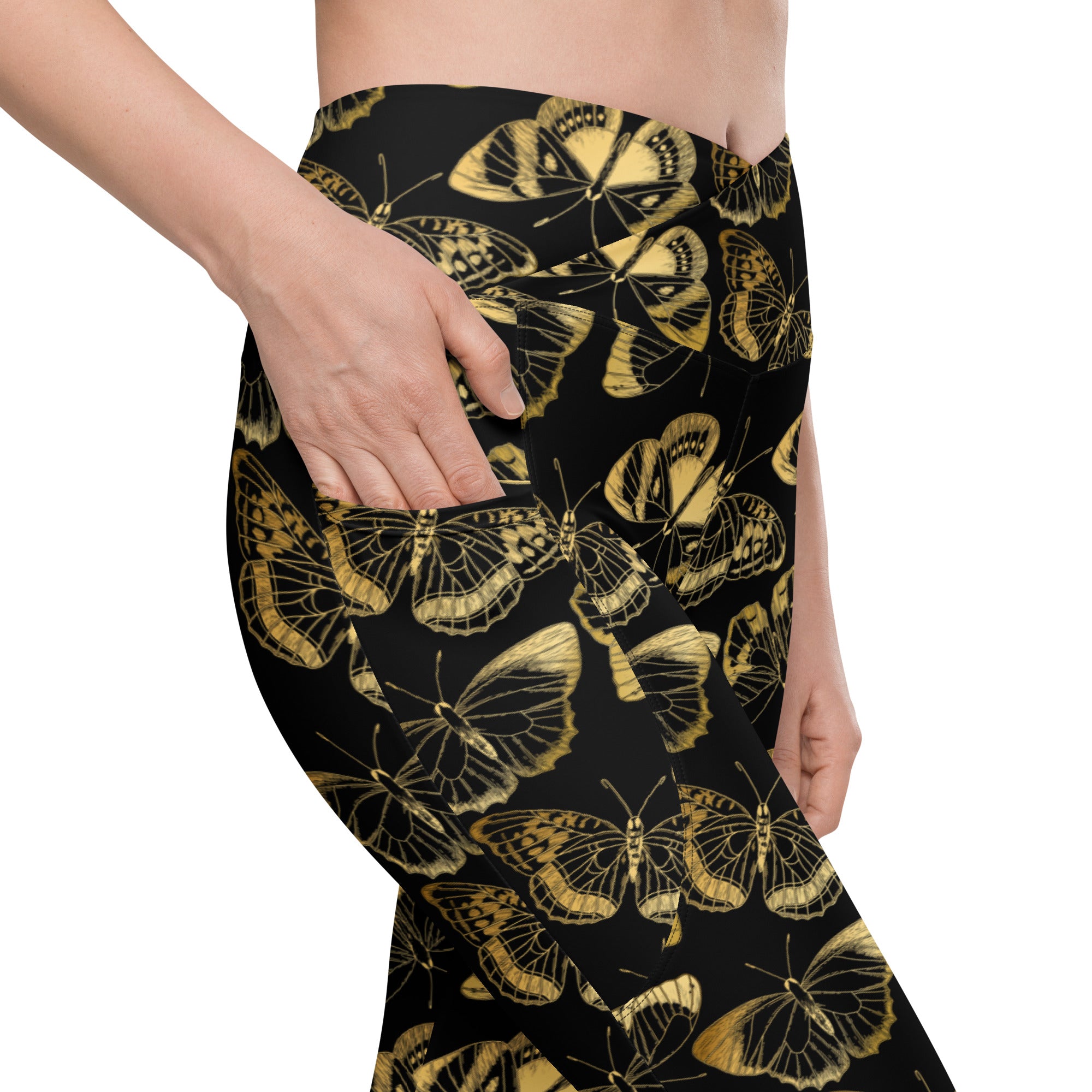 Gold Butterfly Crossover Leggings With Pockets
