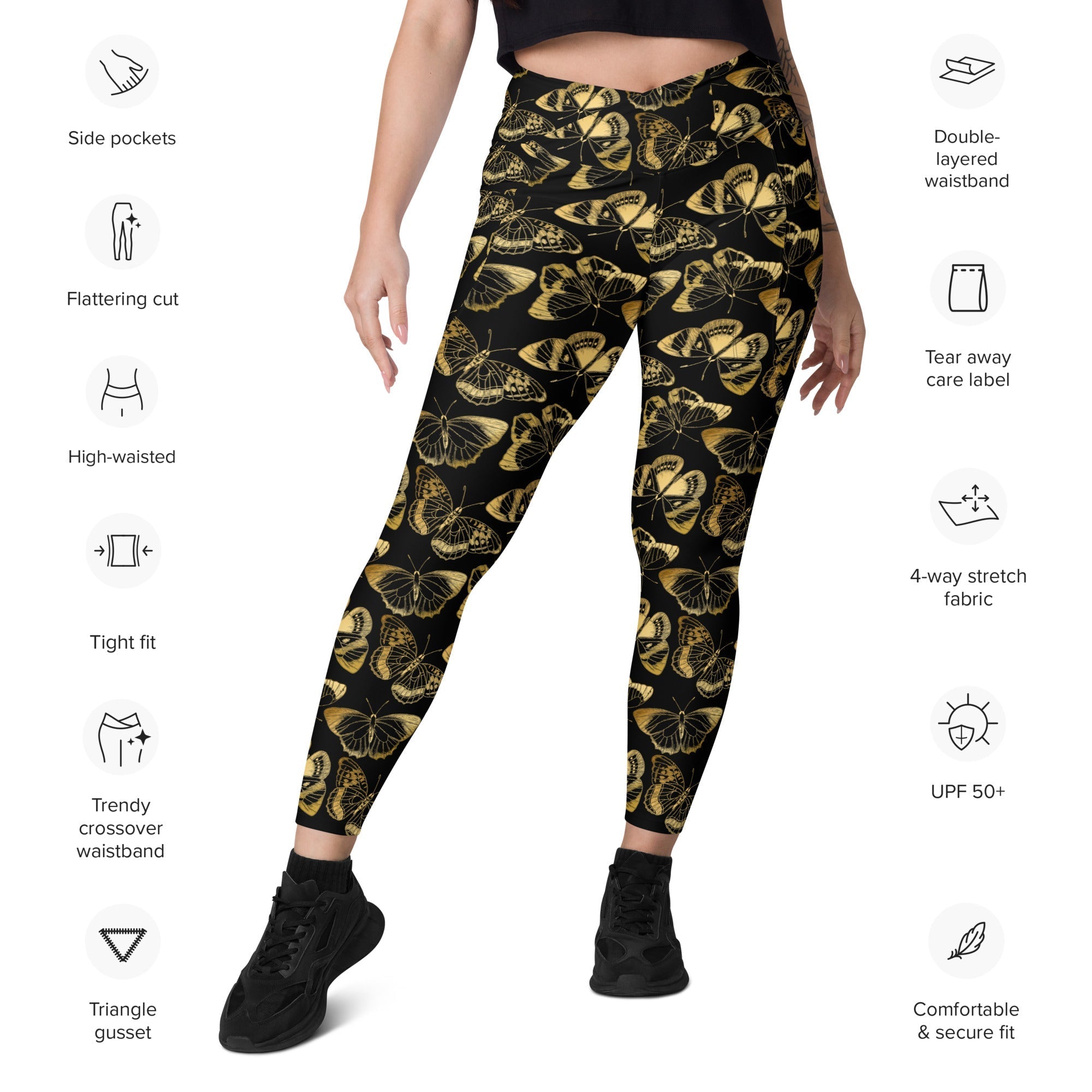 Gold Butterfly Crossover Leggings With Pockets