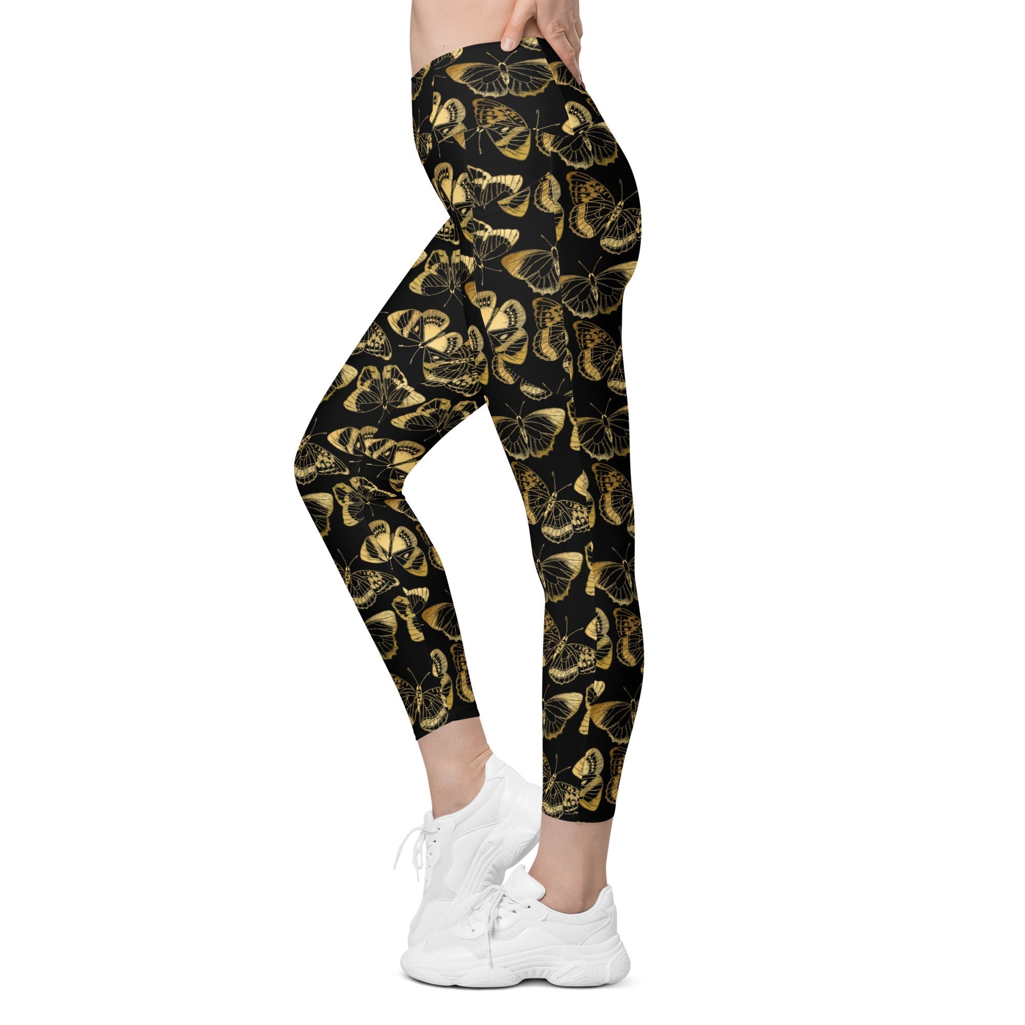 Gold Butterfly Crossover Leggings With Pockets