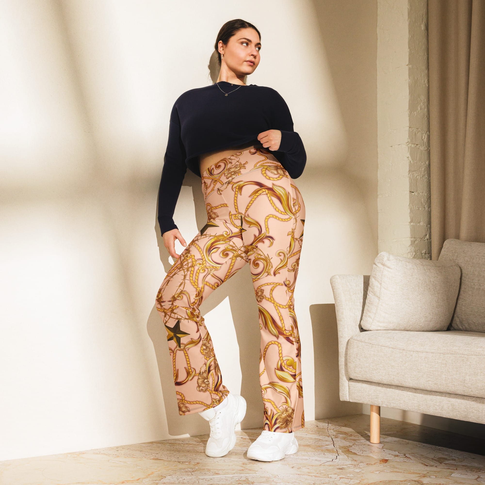Gold Effect Chain Flare Leggings