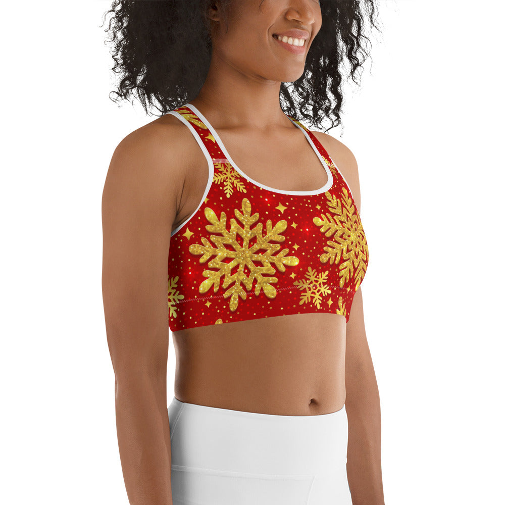 Gold Snowflake Print Sports Bra