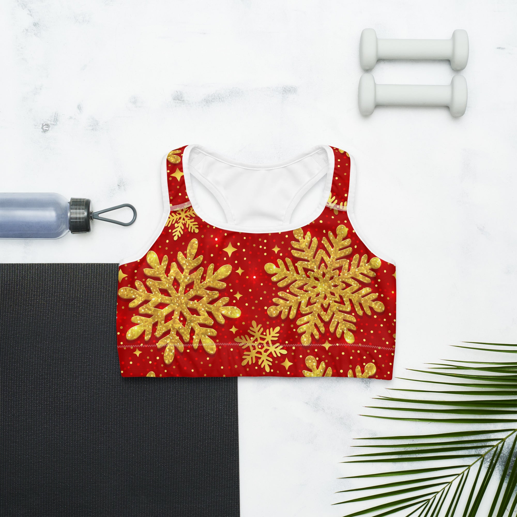 Gold Snowflake Print Sports Bra