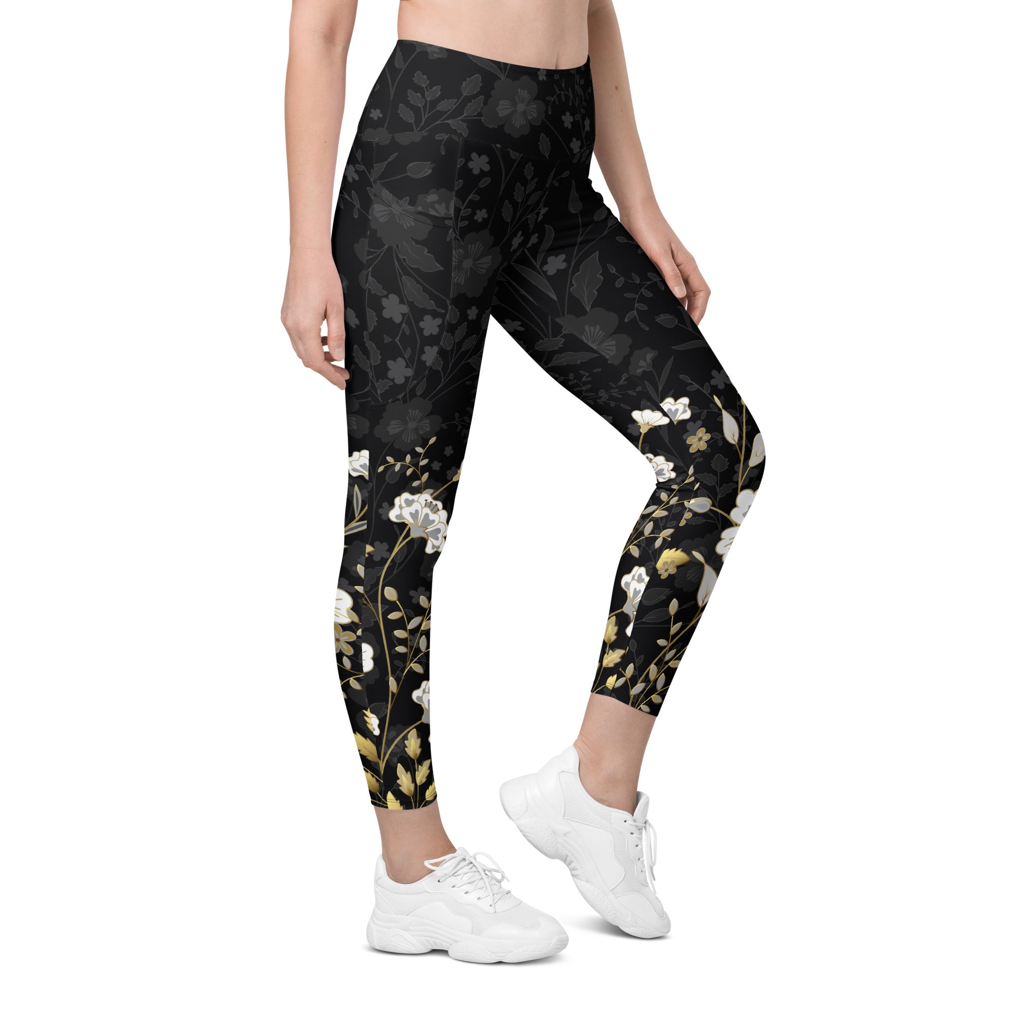 Golden Floral Leggings With Pockets