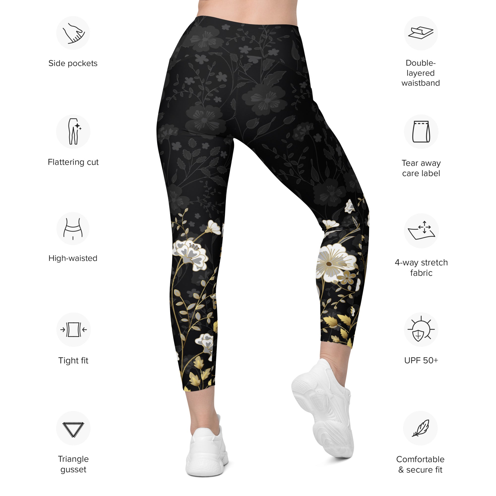 Golden Floral Leggings With Pockets