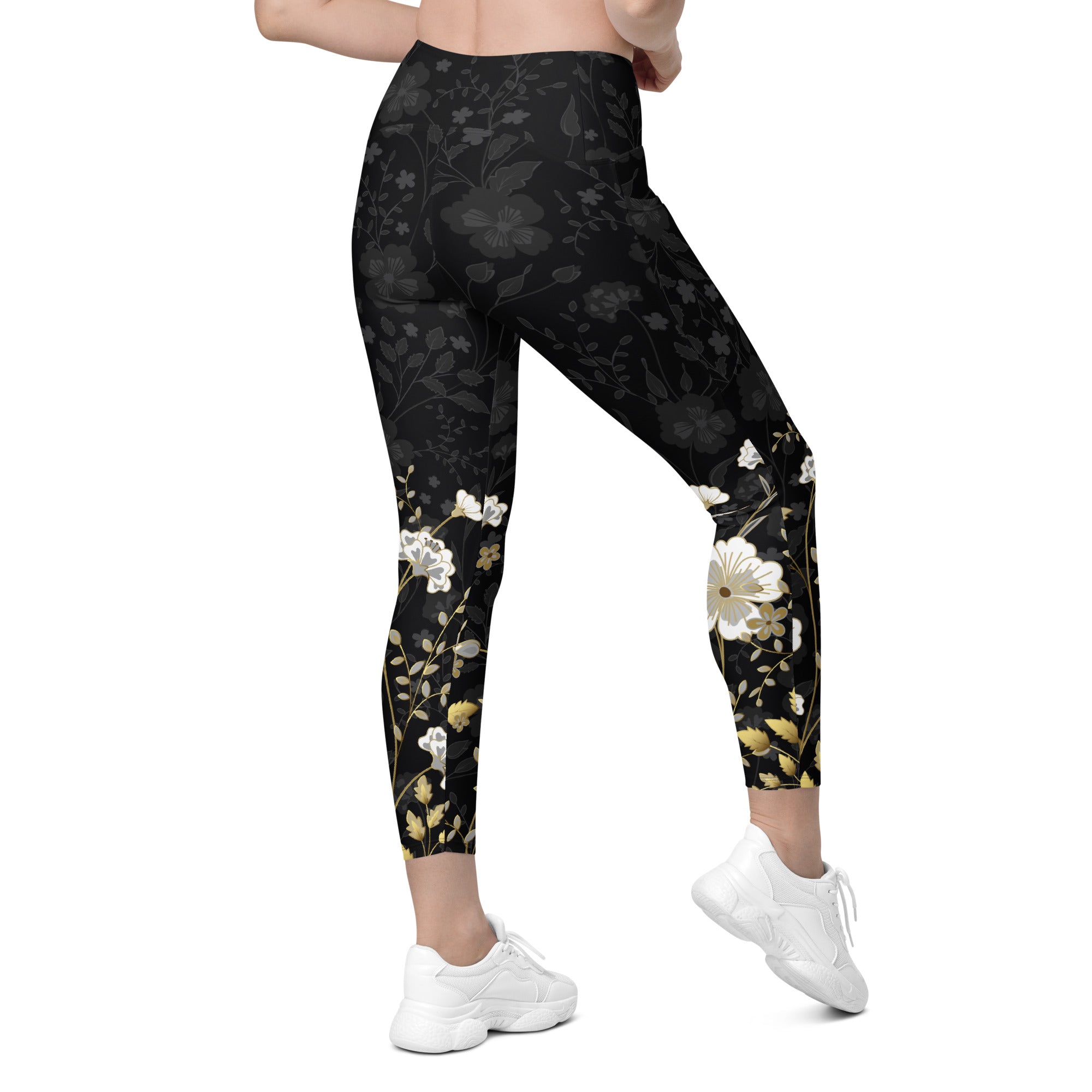 Golden Floral Leggings With Pockets