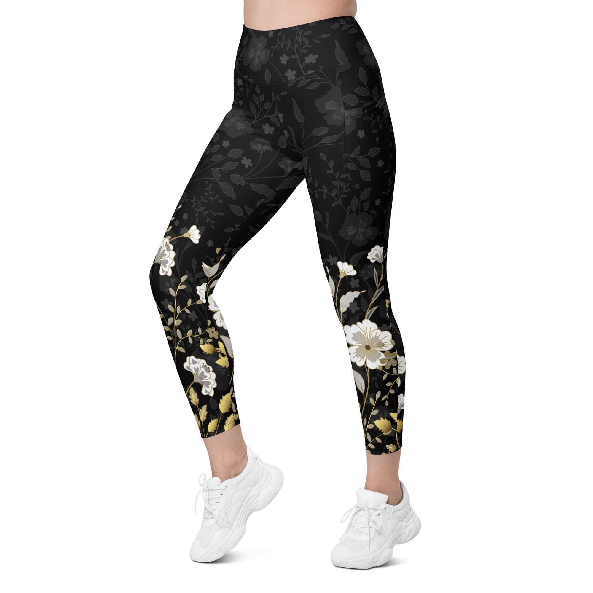 Golden Floral Leggings With Pockets