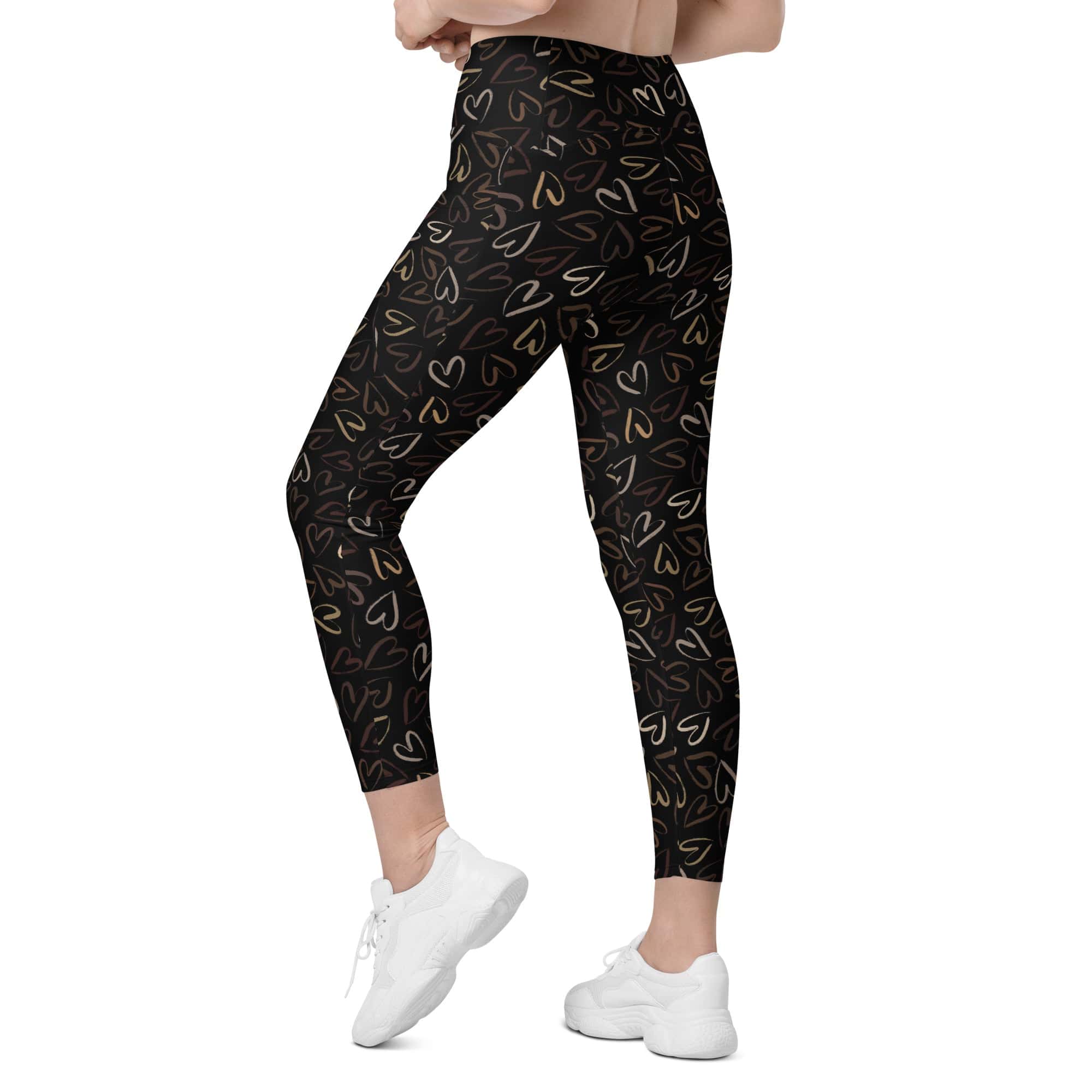 Golden Heart Print Leggings With Pockets
