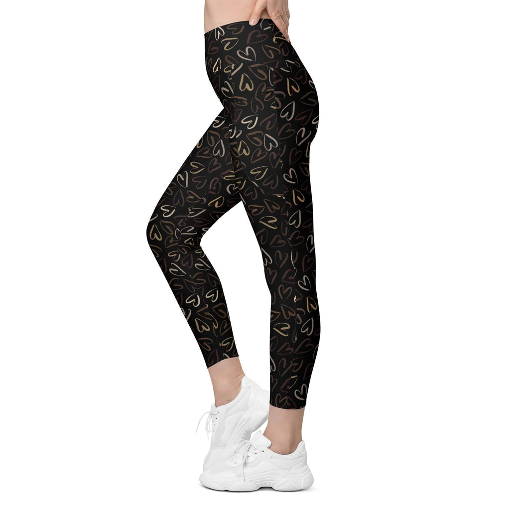 Golden Heart Print Leggings With Pockets
