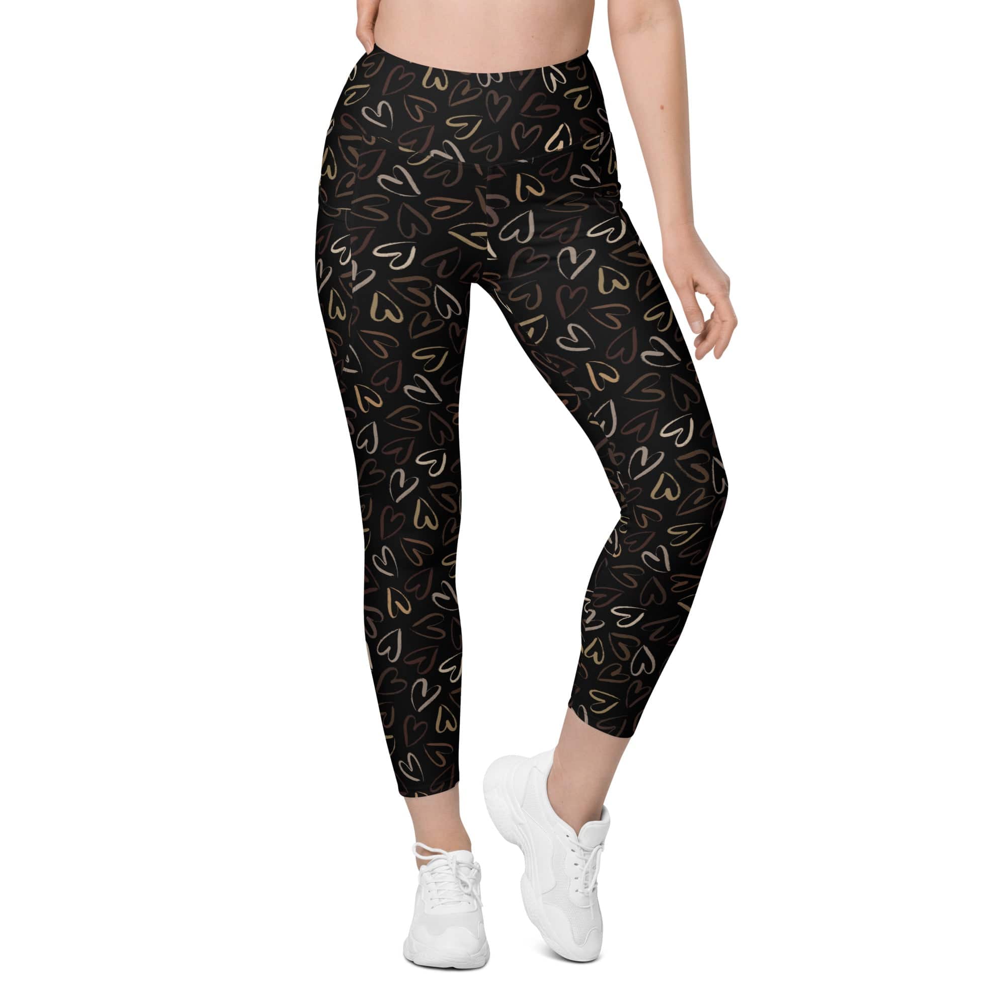 Golden Heart Print Leggings With Pockets