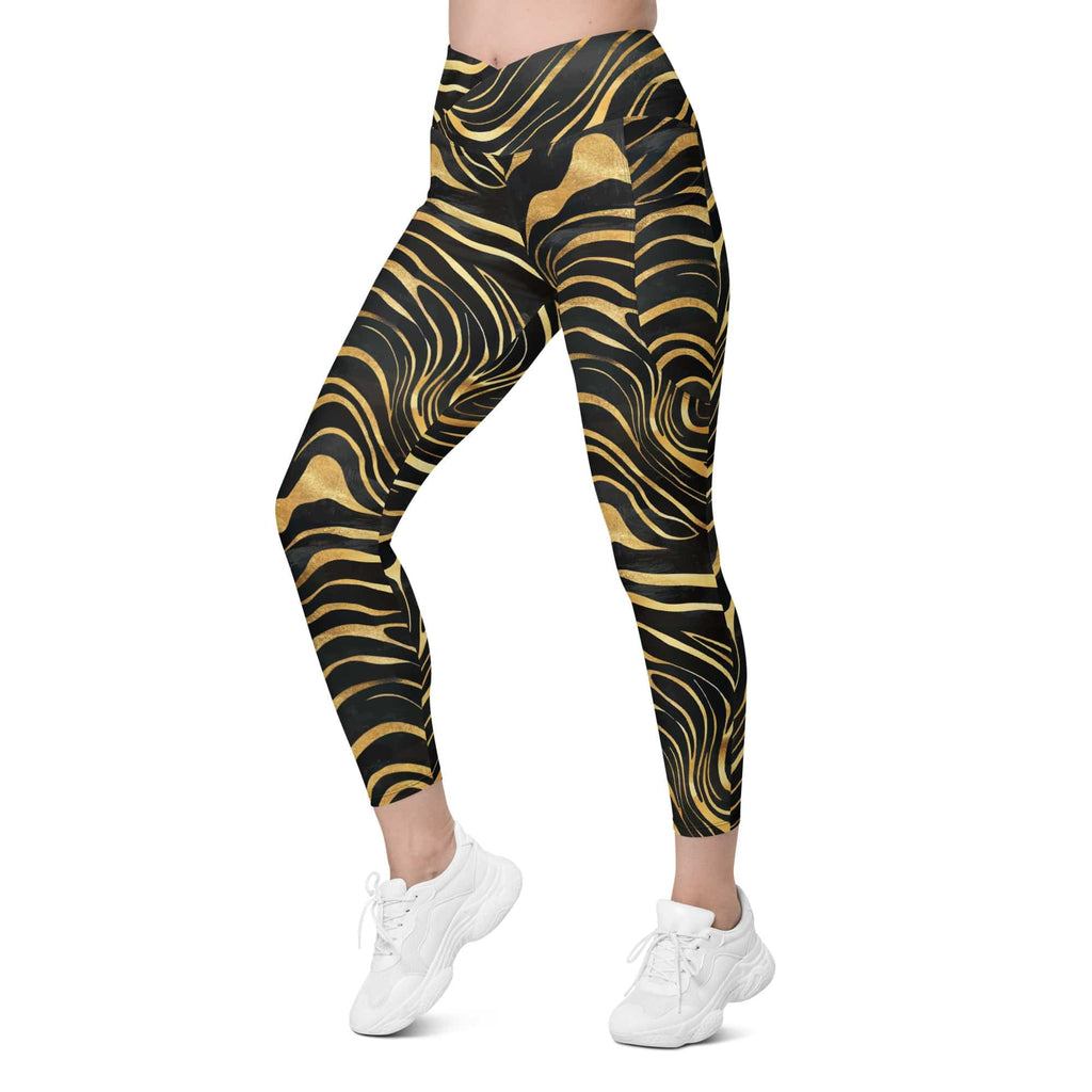 Golden Print Waves Crossover Leggings With Pockets
