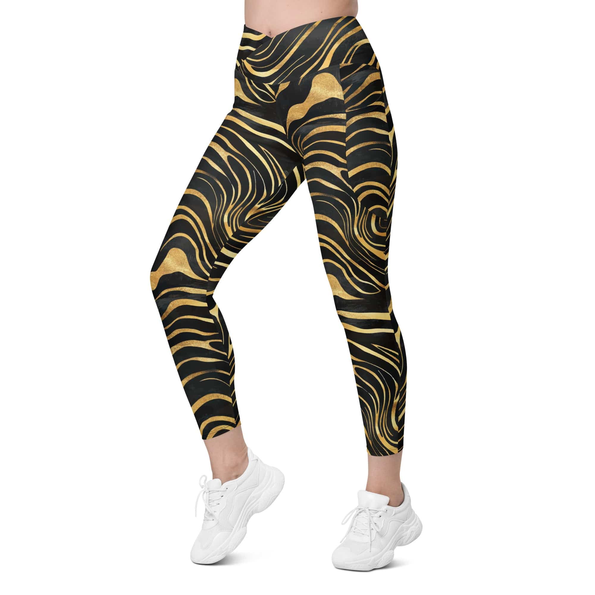Golden Print Waves Crossover Leggings With Pockets