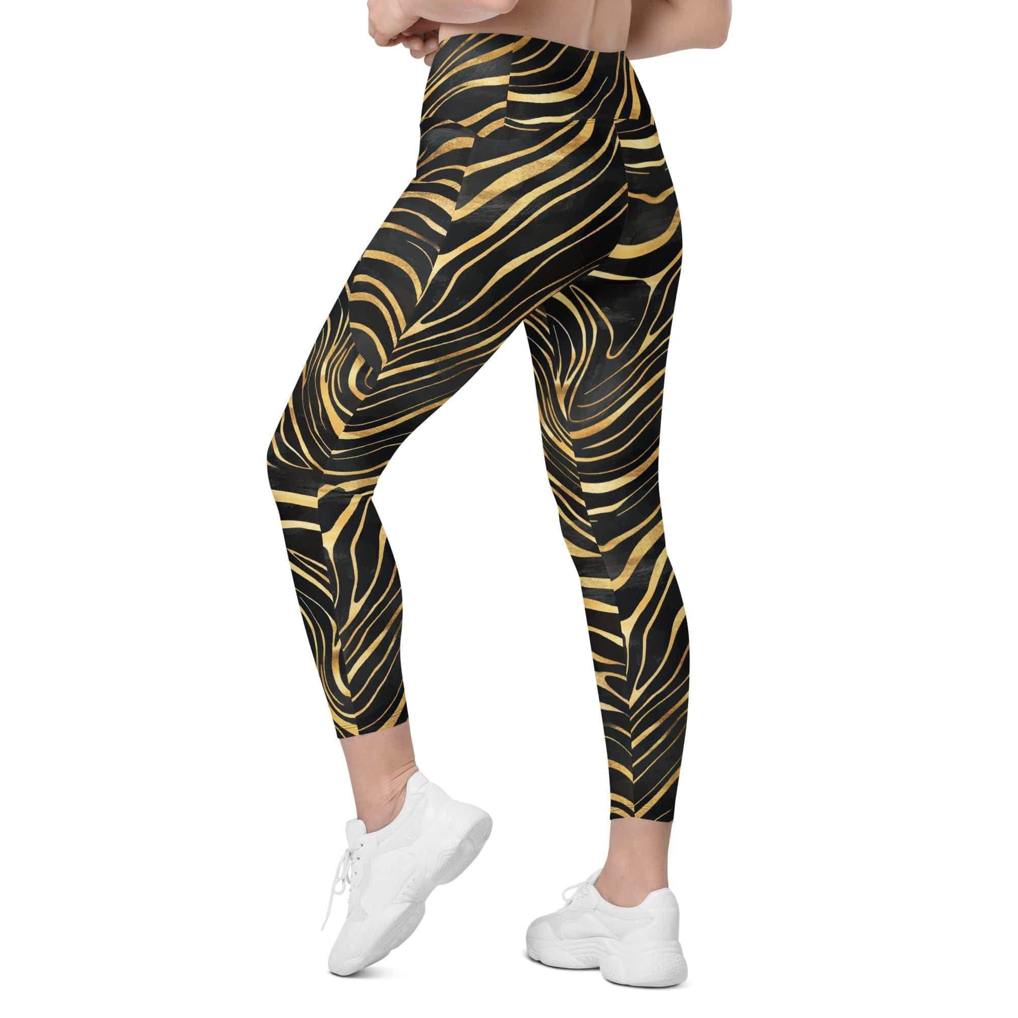 Golden Print Waves Crossover Leggings With Pockets
