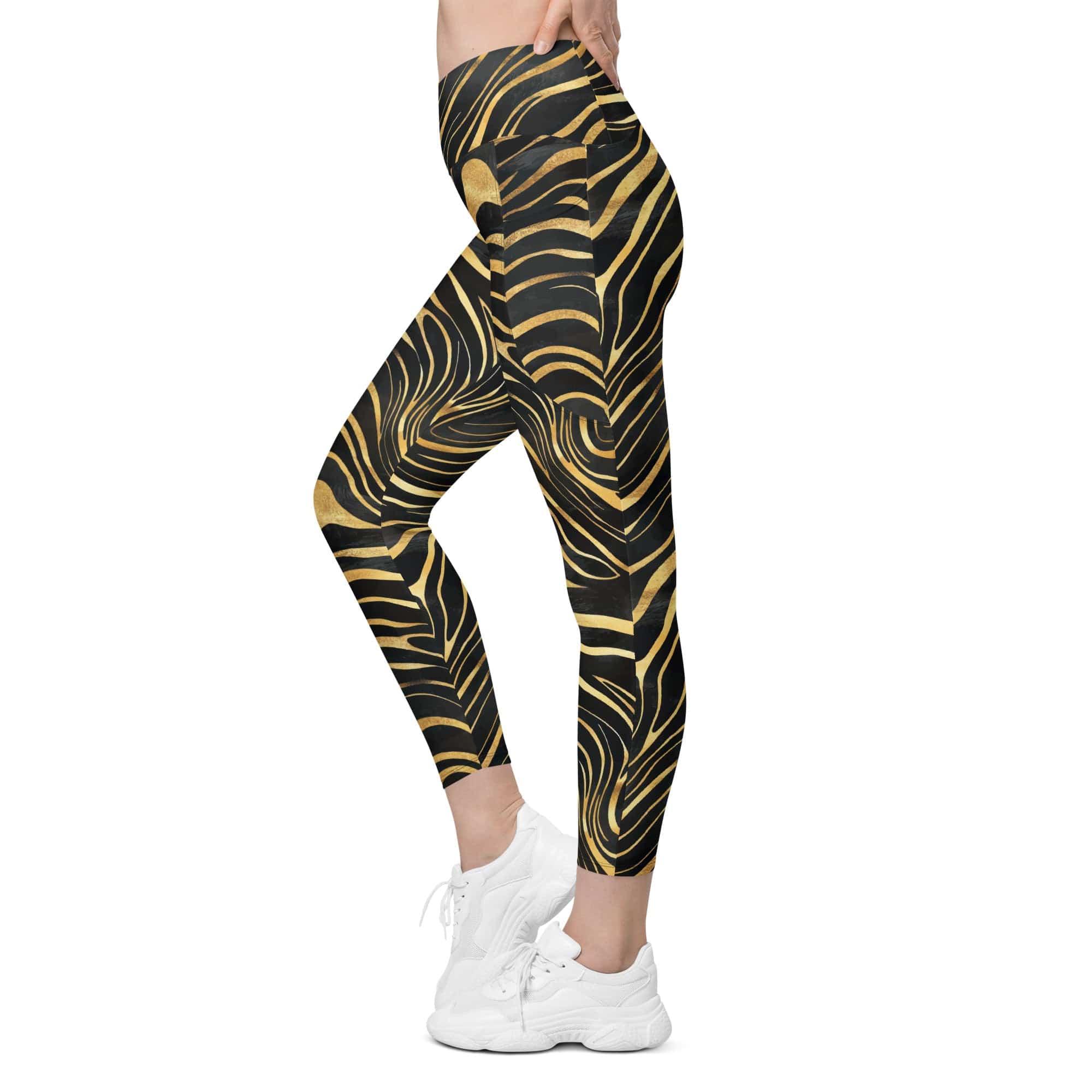 Golden Print Waves Crossover Leggings With Pockets