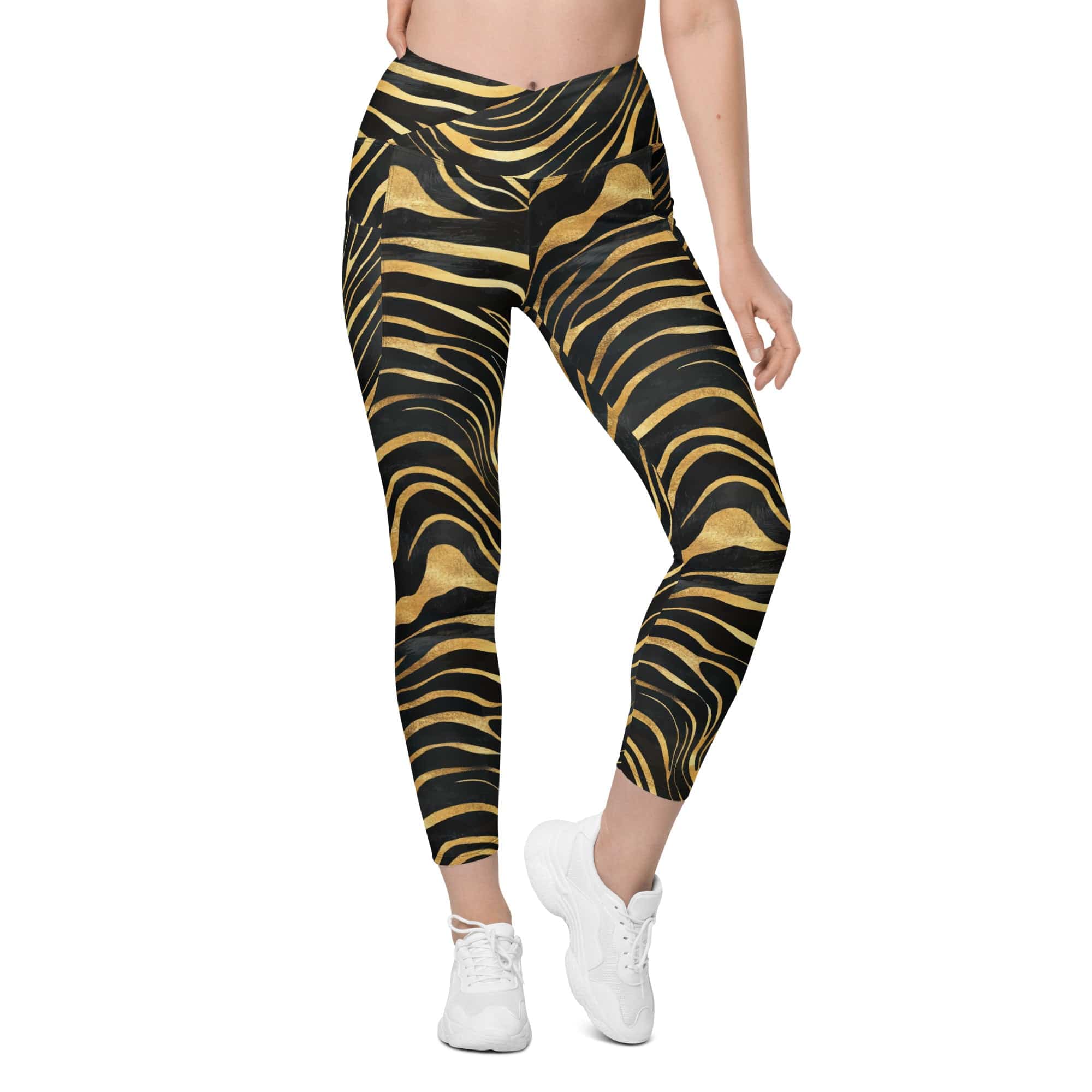 Golden Print Waves Crossover Leggings With Pockets