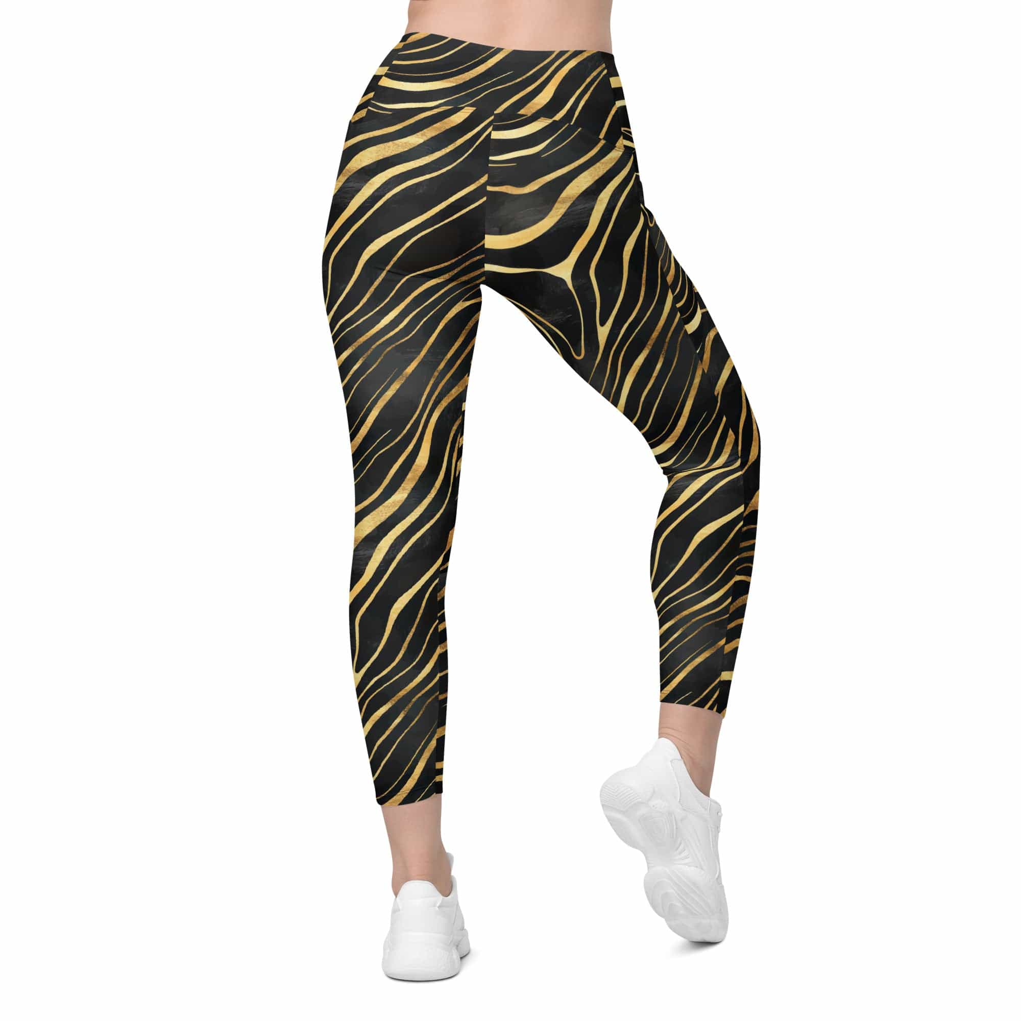 Golden Print Waves Crossover Leggings With Pockets