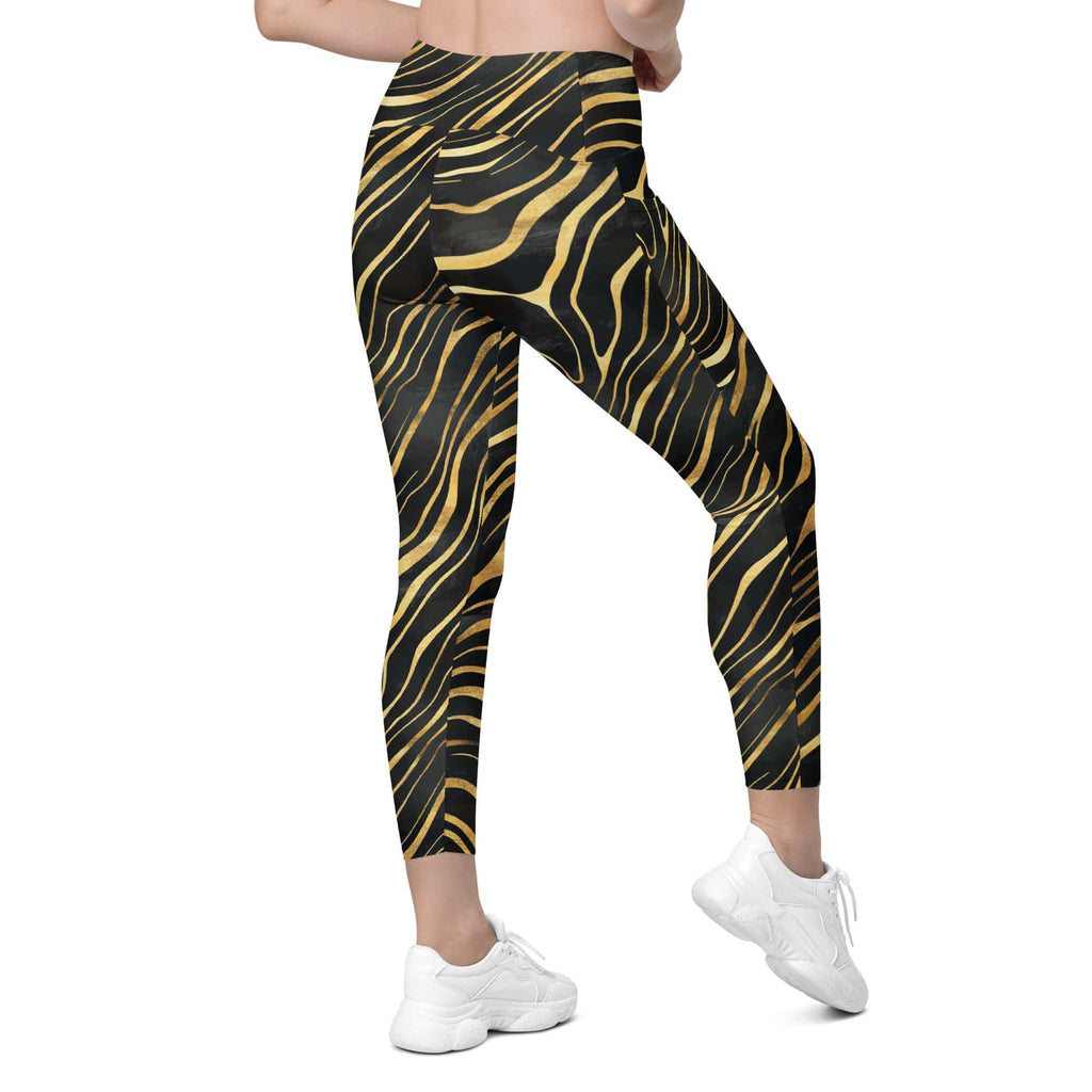 Golden Print Waves Crossover Leggings With Pockets